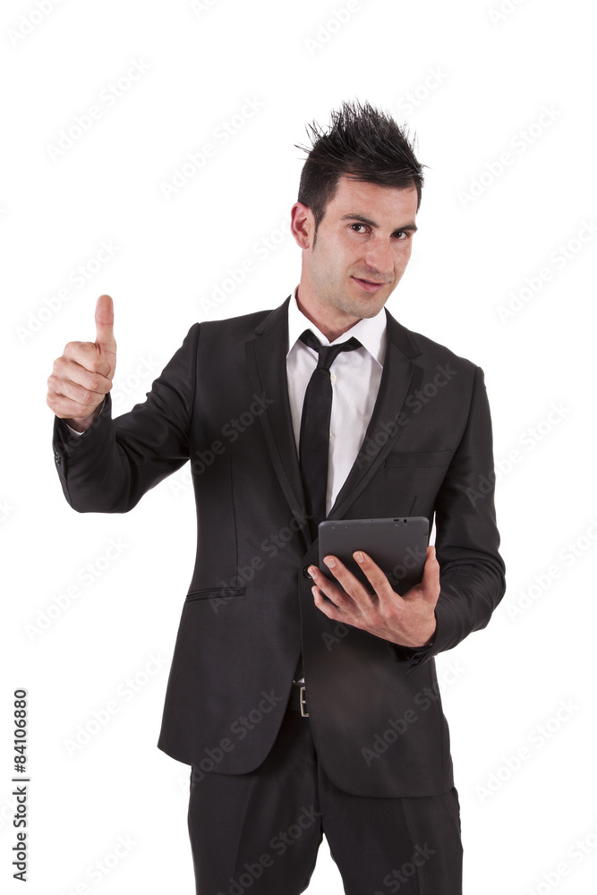 man in suit and ok symbol tablet man in suit and ok symbol tablet