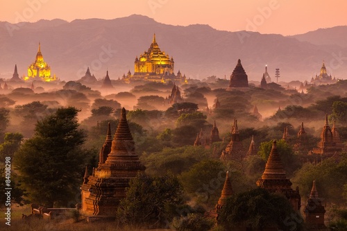 Pagoda landscape at dusk in Bagan photo
