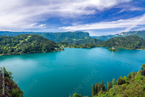 Aerial view of Bled Lake in Julian Alps, Slovenia