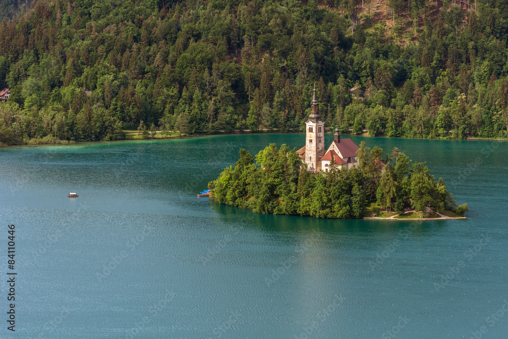 Lake Bled with St. Marys Church in Slovenia, Europe.