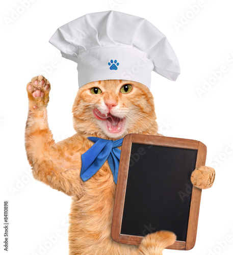 Fototapeta Naklejka Na Ścianę i Meble -  Cat shef holding a wooden board. Isolated on white.