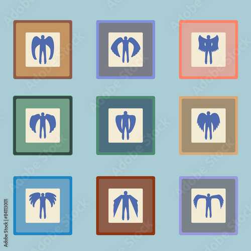 Angels silhouette icon set. Different wing styles. Editable