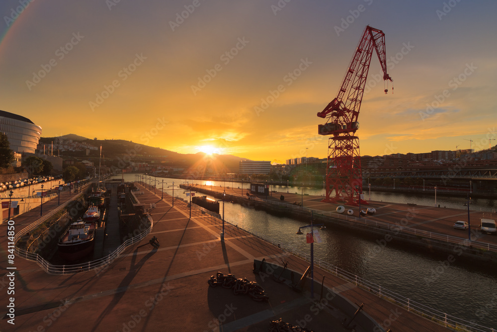 Sunset in the port of Bilbao, Spain