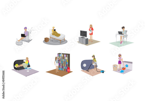 Women In Different Situations In The House Set - Isolated On White Background - Vector Illustration, Graphic Design, Editable For Your Design