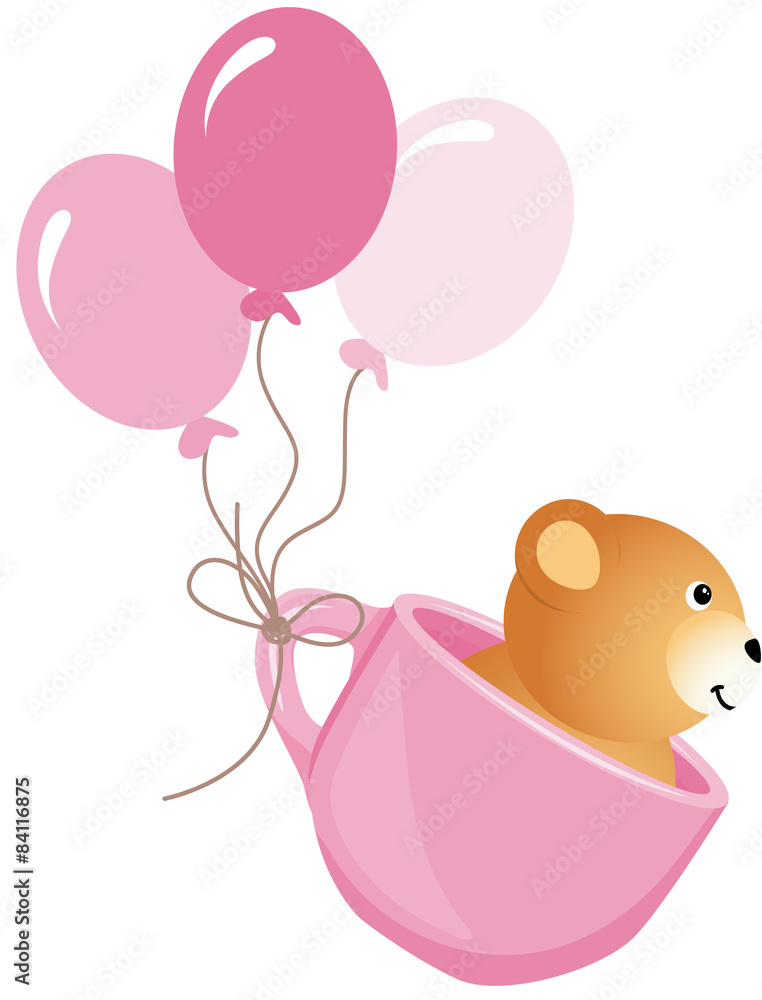Teddy bear flying in pink cup with balloons