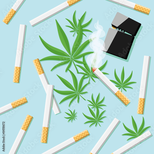 Cigarettes with hashish and lighter on a table