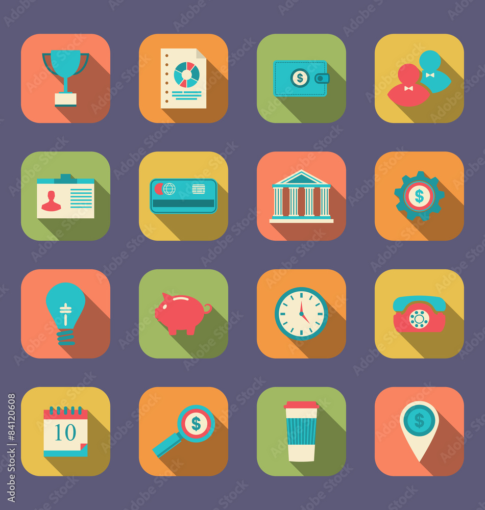 Flat icons of web design objects, business, office and marketing Flat icons of web design objects, business, office and marketing