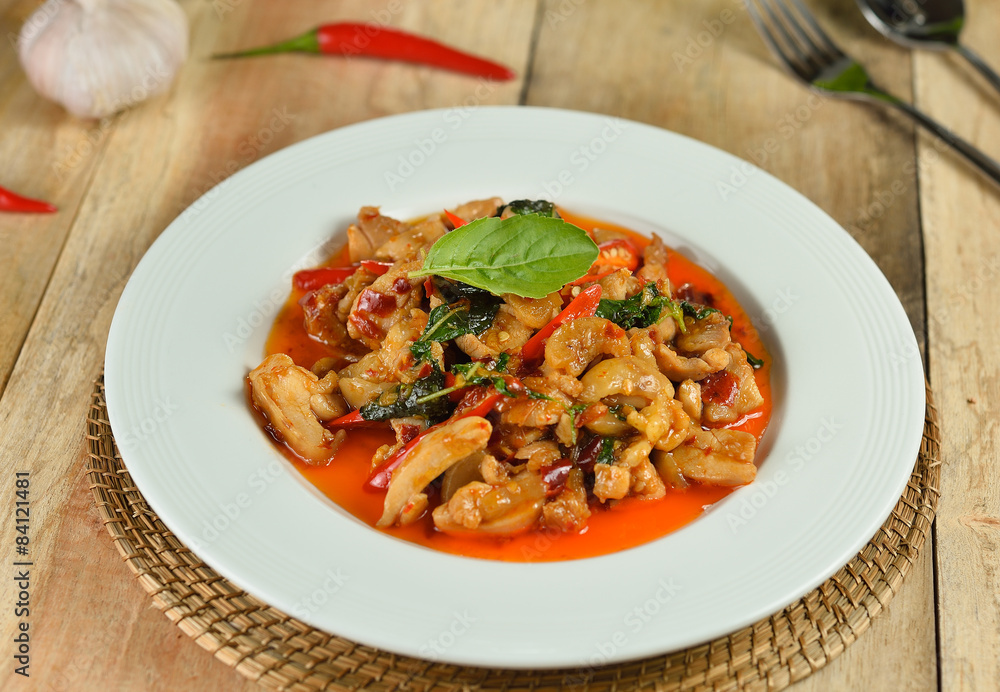 stir fried chicken with holy basil and hot chilli stir fried chicken with holy basil and hot chilli