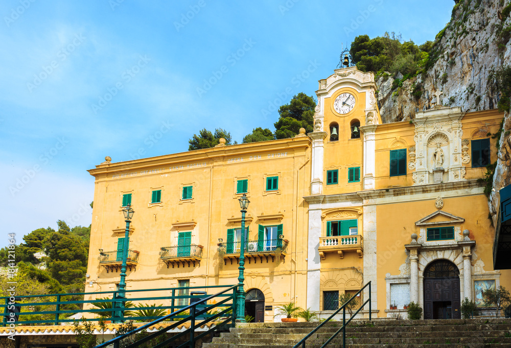 Naklejka premium Santuario Santa Rosalia: Facade of a Church in Palermo City, Italy on the Island of Sicily.