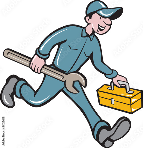 Mechanic Carrying Toolbox Spanner Isolated Cartoon