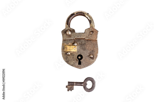 Retro padlock and key isolated on white background