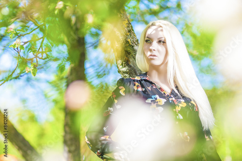 Natural Portrait of Sensual Blond Woman in Spring Forest Dreamin