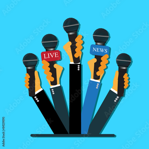 live report concept, live news, hands, journalists, microphones