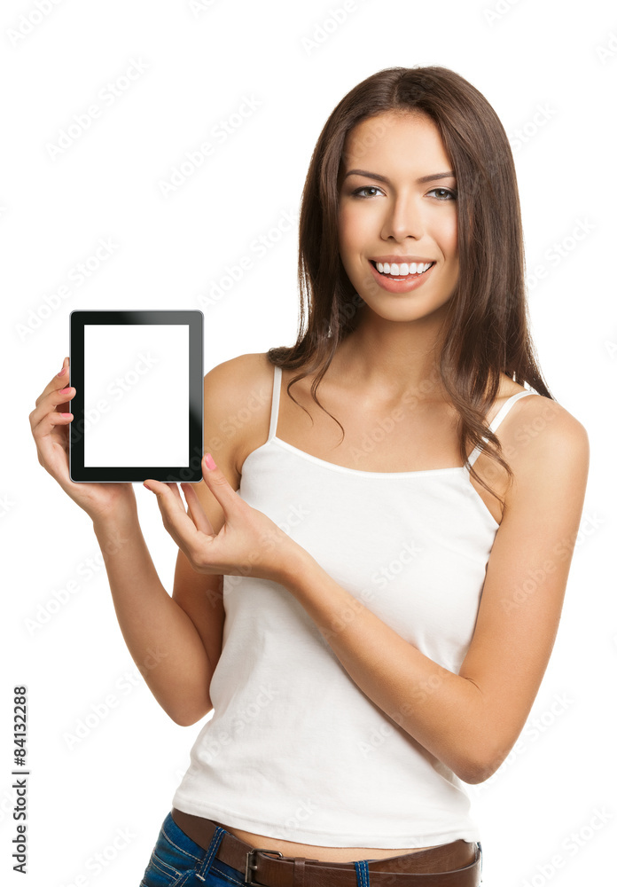 Young woman showing blank no-name tablet pc monitor, isolated Young woman showing blank no-name tablet pc monitor, isolated