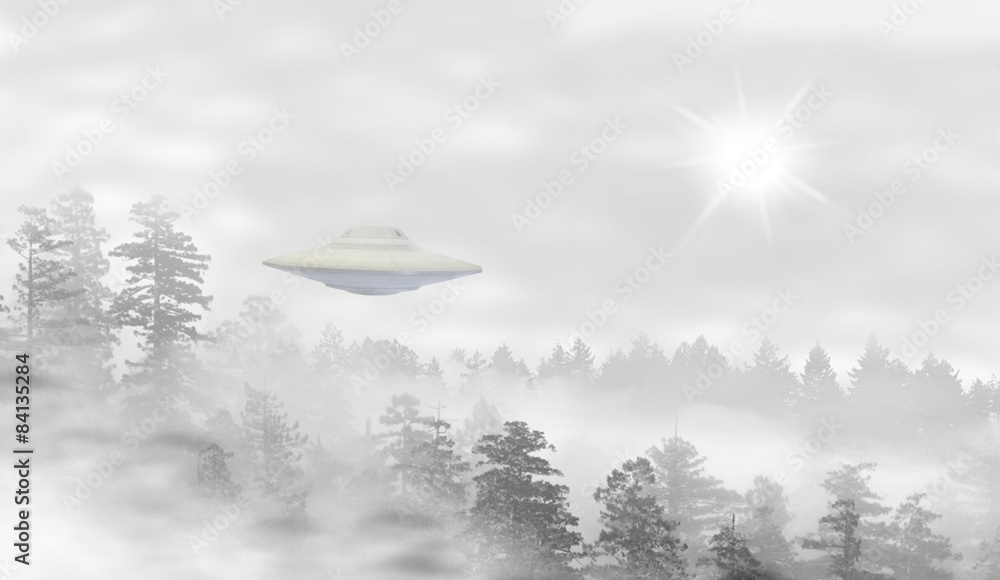 UFO in a landscape of misty forest at sunrise UFO in a landscape of misty forest at sunrise