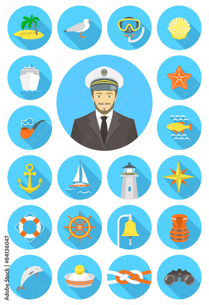 Fototapeta premium Flat nautical icons with young attractive captain
