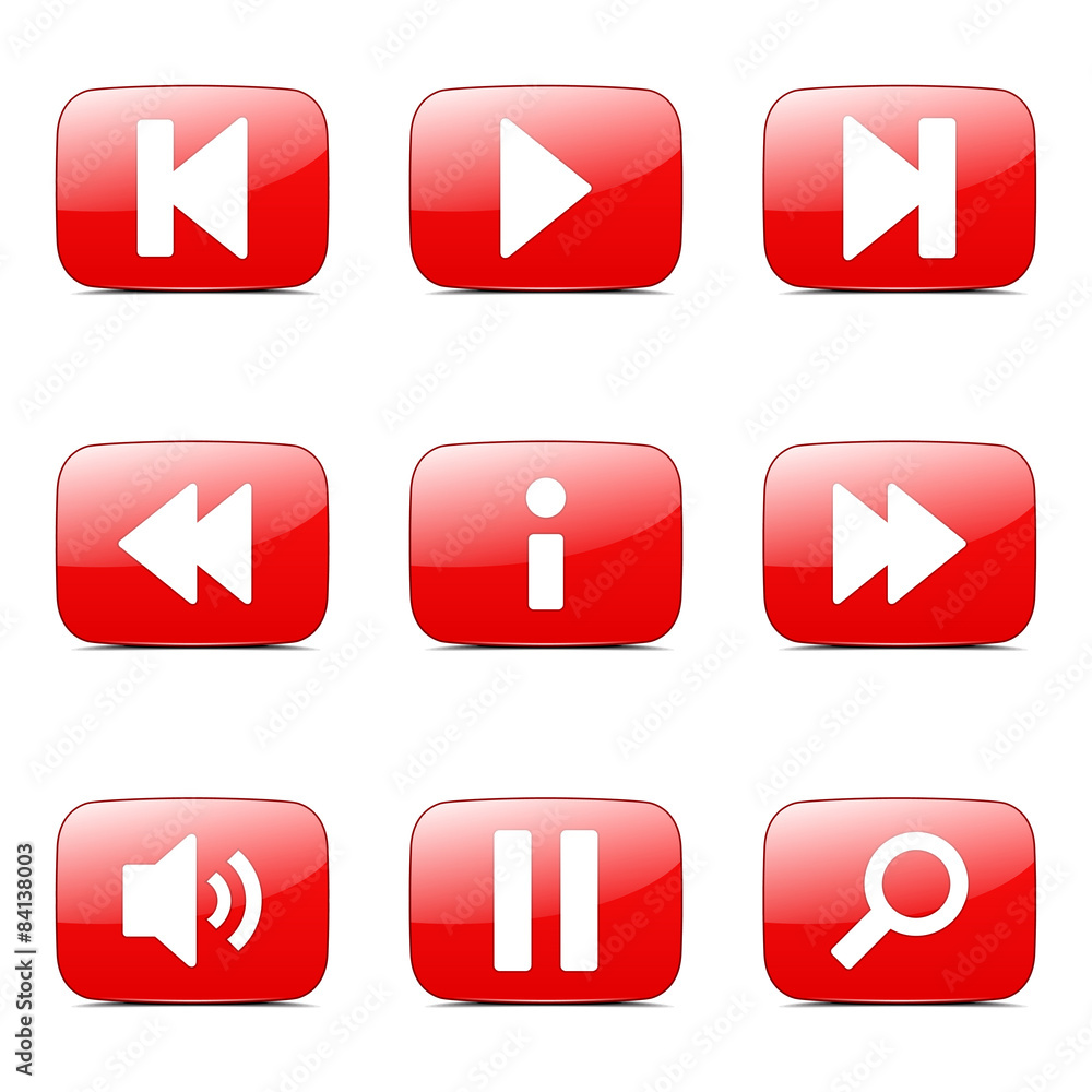 Multimedia Controller Square Vector Red Icon Design Set Multimedia Controller Square Vector Red Icon Design Set