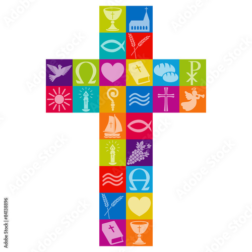 Kreuz aus bunten christlichen Symbolen / Vektor