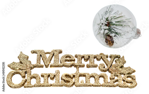 Yellow sparkley Merry Christmas write, globe, ornaments photo