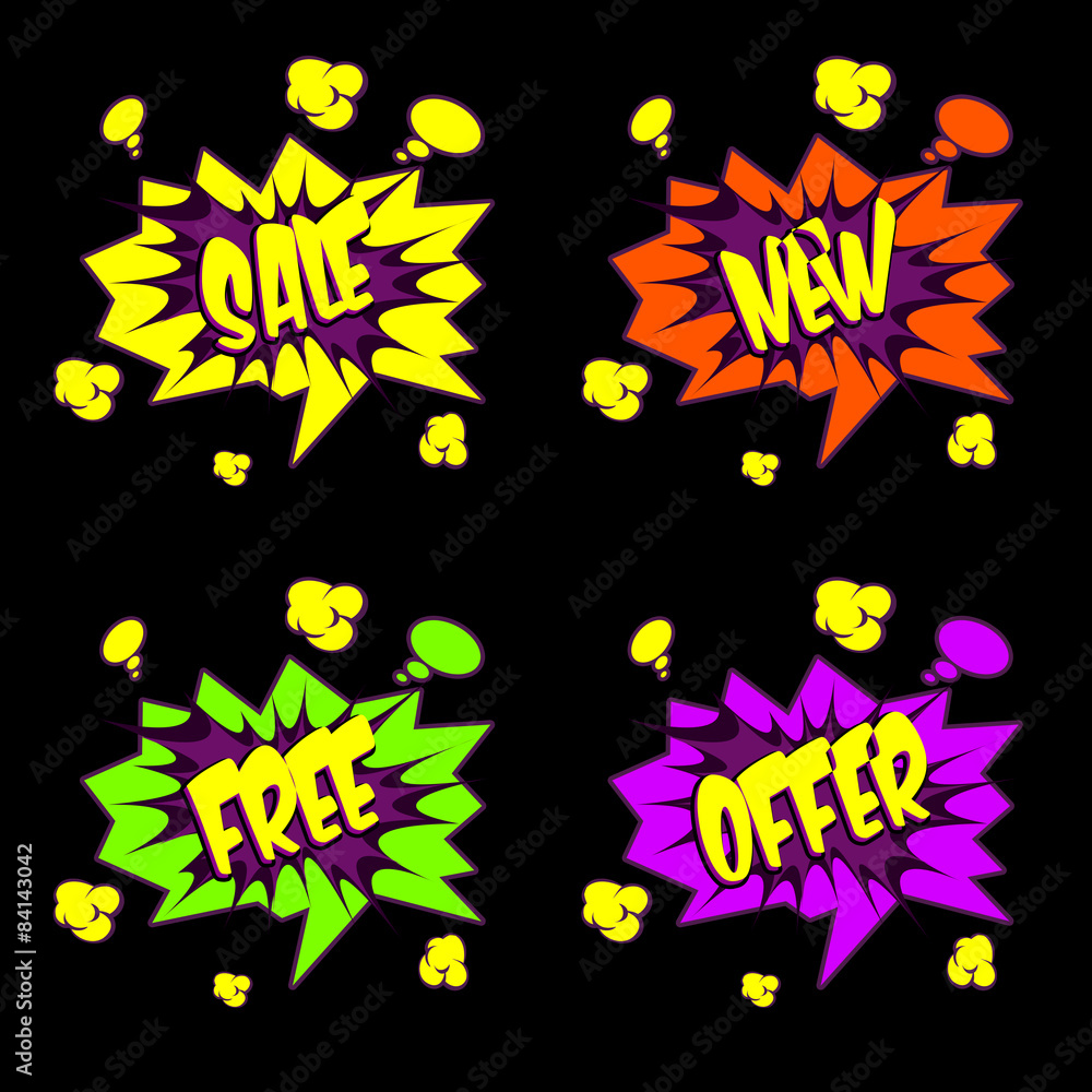 Sale, New, Free, Offer Text in Comic book style