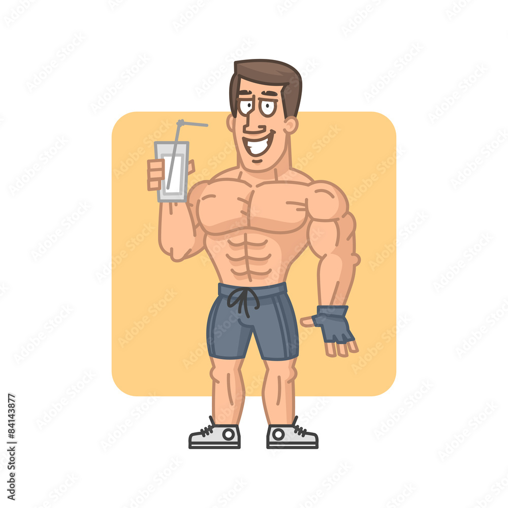Bodybuilder holding glass cocktail protein