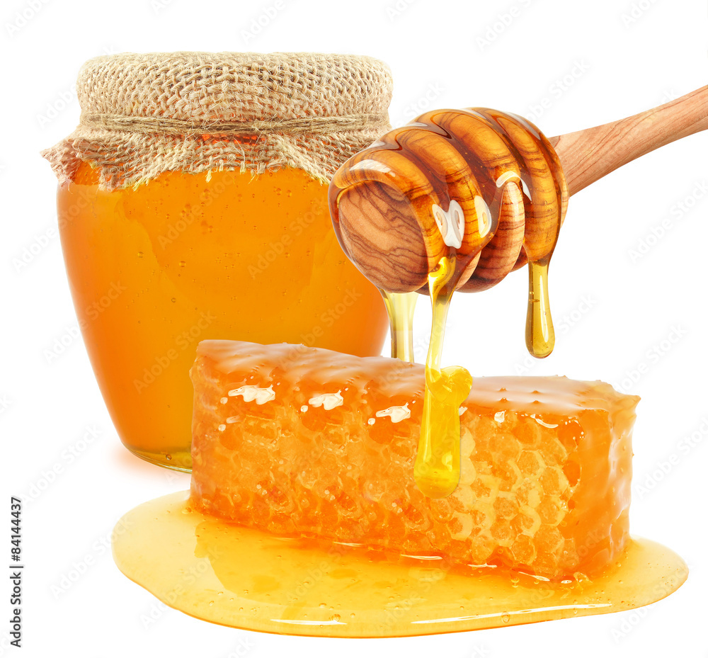 honeycomb and jar isolated on white background honeycomb and jar isolated on white background