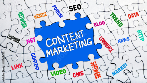 content marketing concept with pieces of puzzle showing related