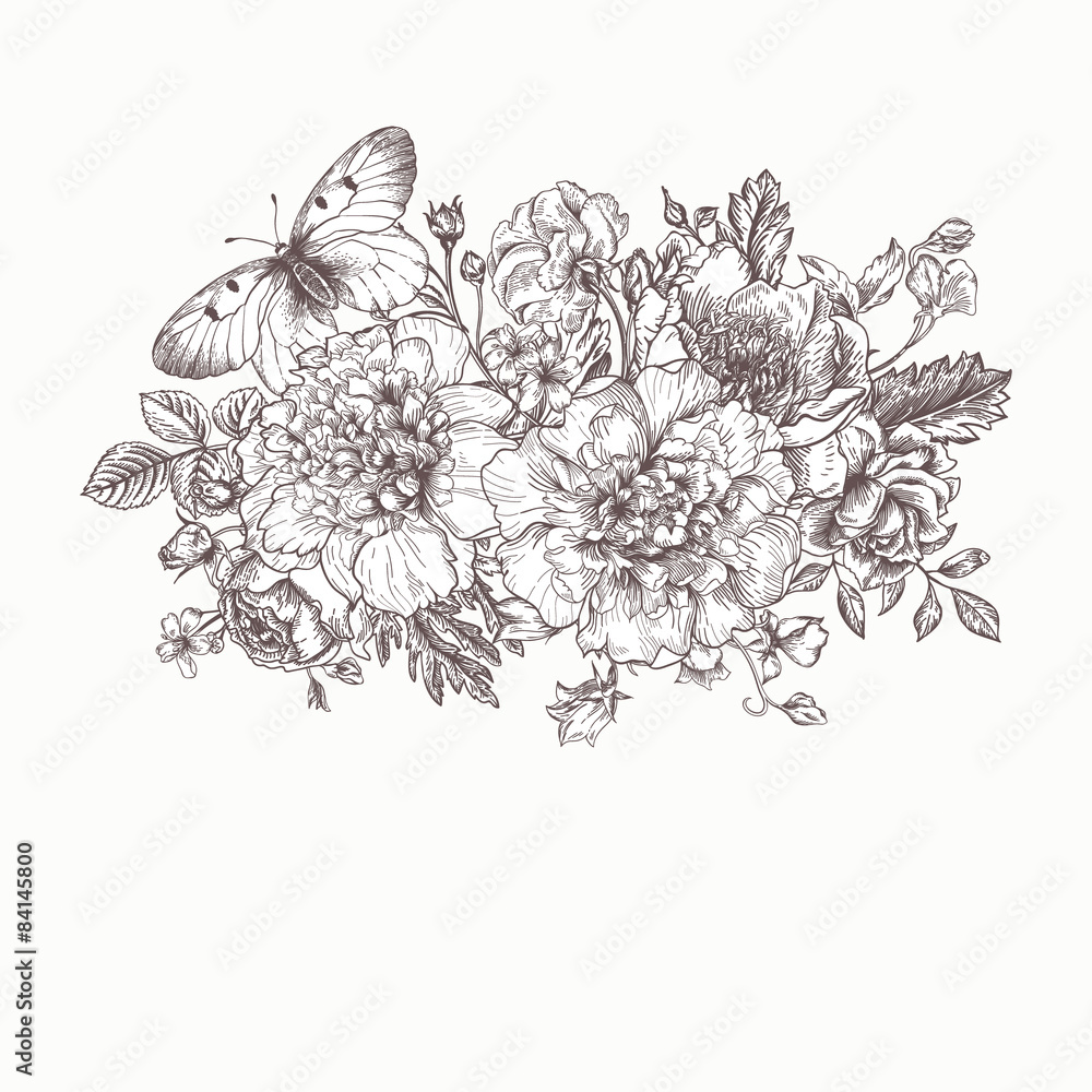 Card with a bouquet of flowers and a butterfly. Card with a bouquet of flowers and a butterfly.