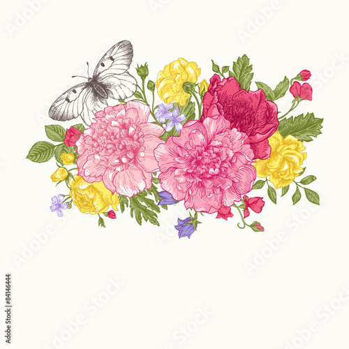 Card with a bouquet of flowers and a butterfly.