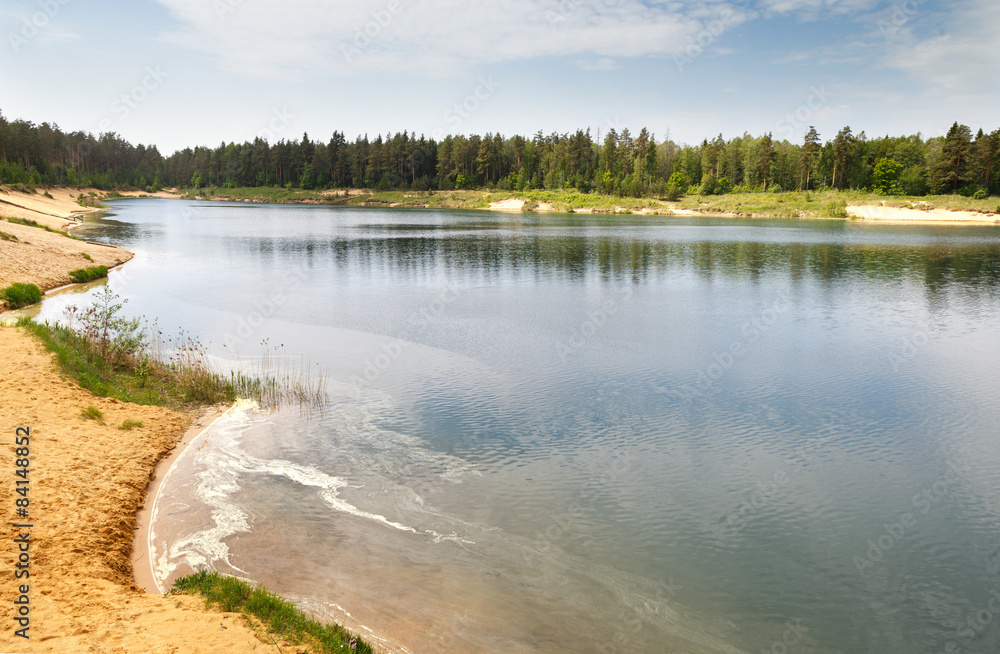 Forest Lake with Sand beach bed bottom  