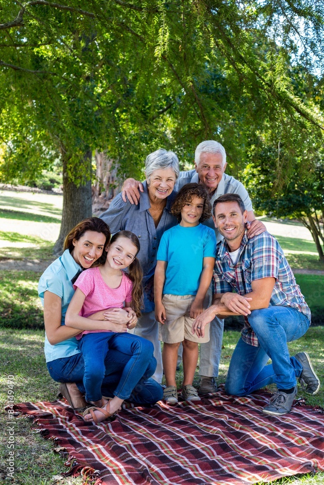 Extended family smiling in the park