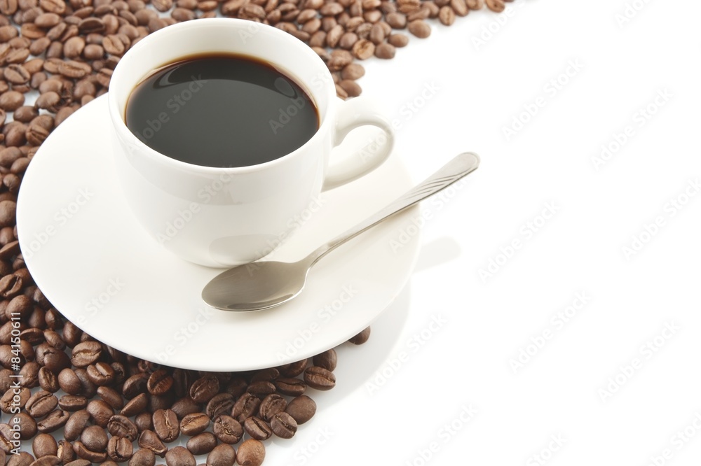 Line made of coffee beans with cup of coffee Line made of coffee beans with cup of coffee