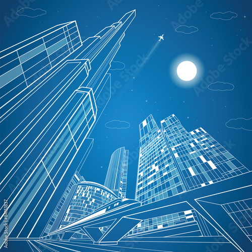 Train move on the bridge, night city on background