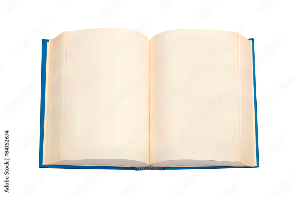 An open book with blue cover and empty pages