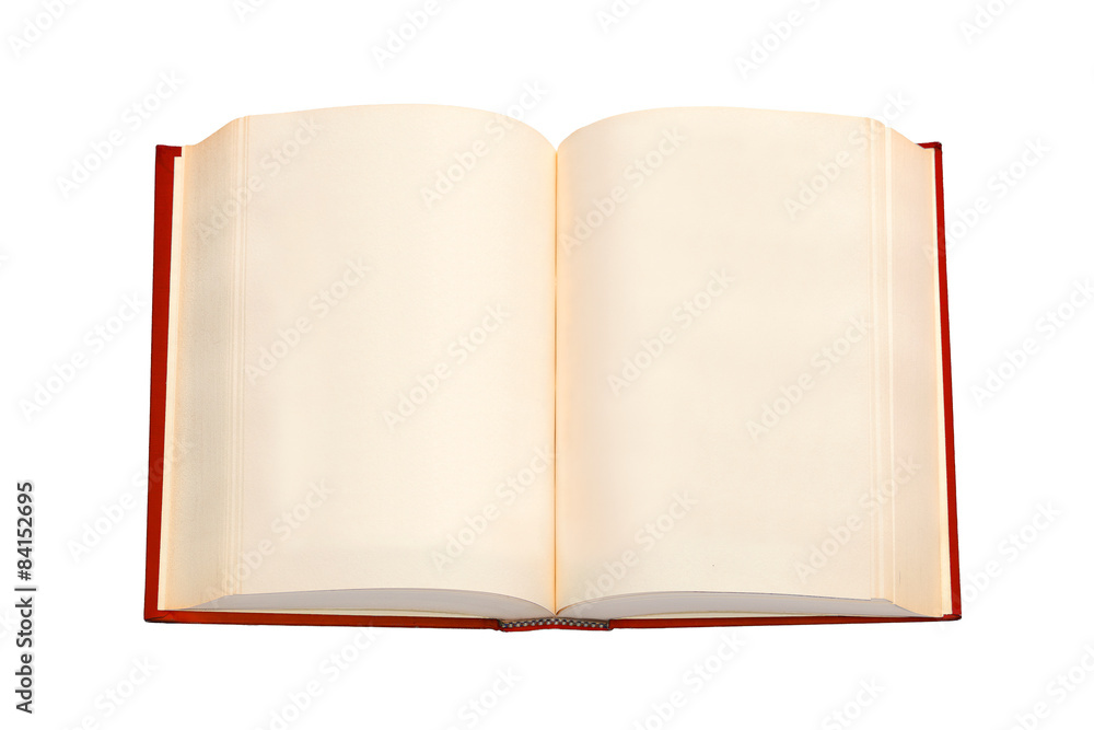 An open book with red cover and empty pages