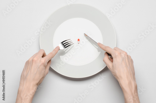 human hand hold a plate with pills isolated on top view