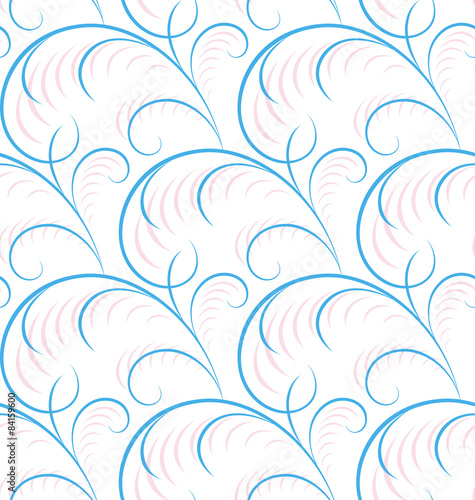 Ornamental grey and purple curls and spirals on white background