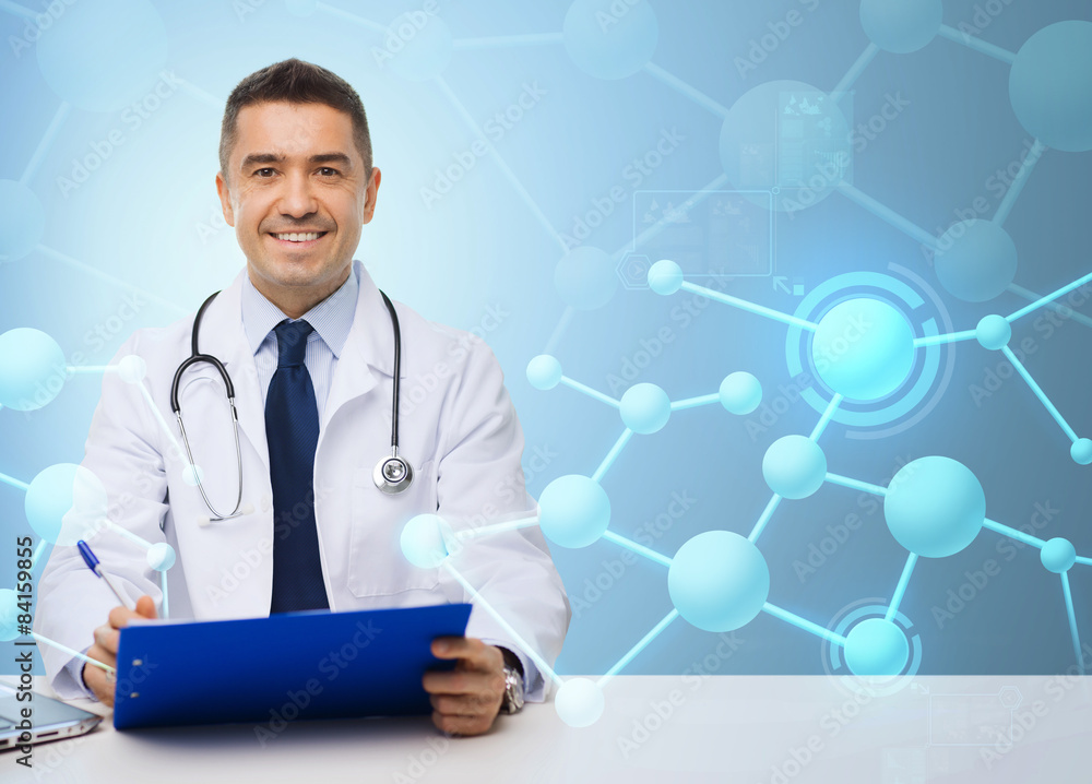 happy doctor with clipboard over blue background happy doctor with clipboard over blue background