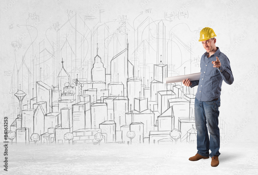 Construction worker with cityscape background Construction worker with cityscape background