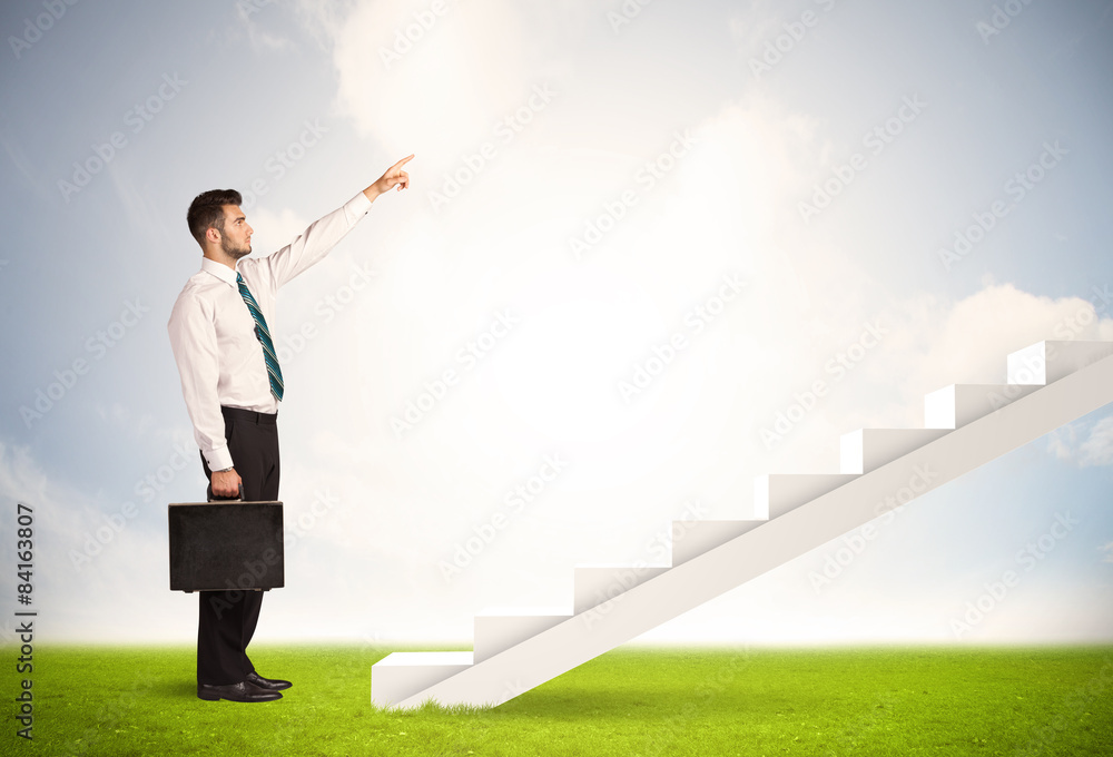 Business person climbing up on white staircase in nature Business person climbing up on white staircase in nature