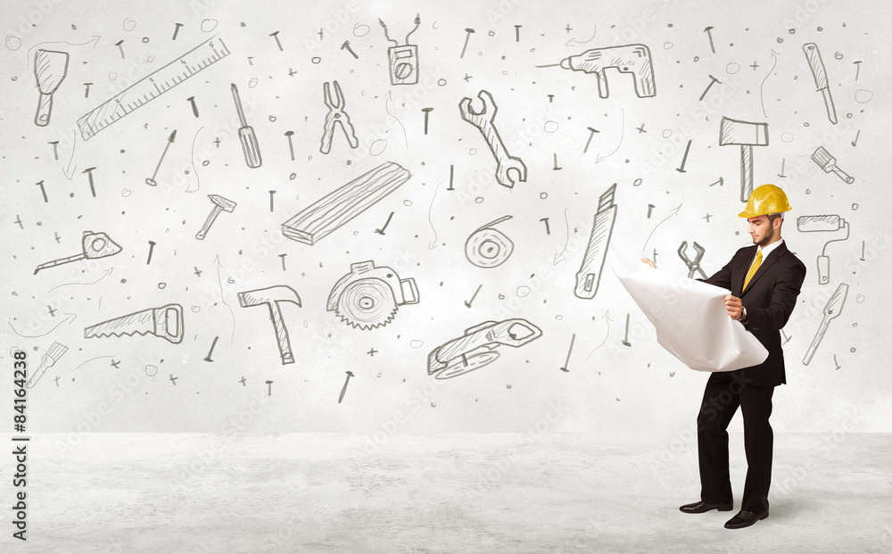Construction worker planing with hand drawn tool icons Construction worker planing with hand drawn tool icons