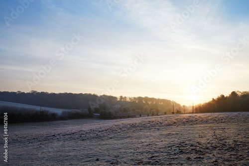 Beautiful Sunrise Over Frosty Country Landscape