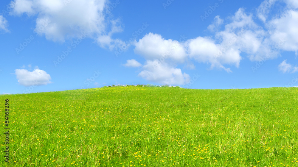 Collina verde all'aperto con nuvole nel cielo blu chiaro Collina verde all'aperto con nuvole nel cielo blu chiaro