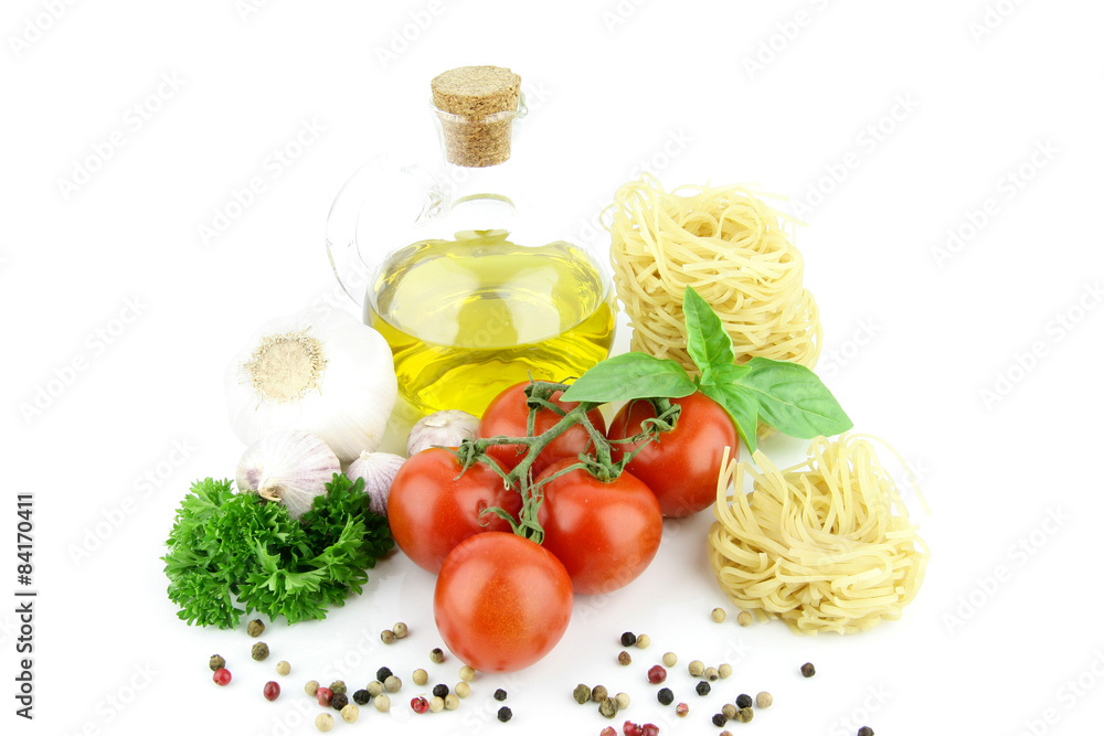 Whole grain wheat noodle nests with a flask of oil Whole grain wheat noodle nests with a flask of oil