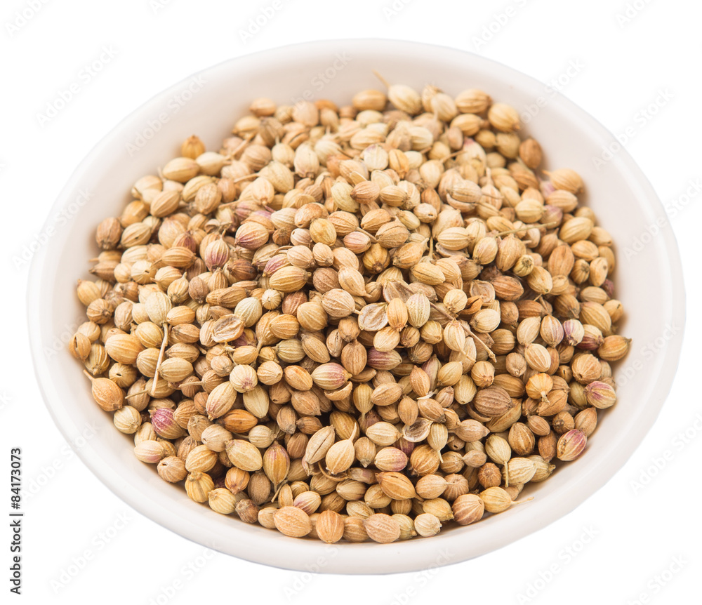 Coriander seeds in white bowl over white background Coriander seeds in white bowl over white background