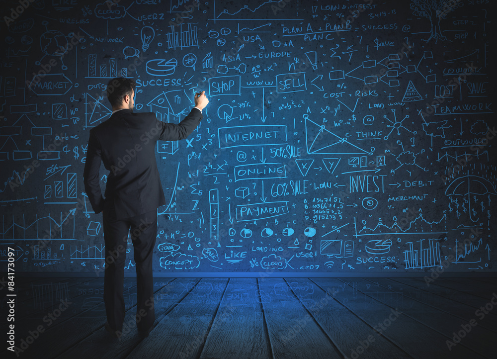 Drawing businessman with economy project background Drawing businessman with economy project background