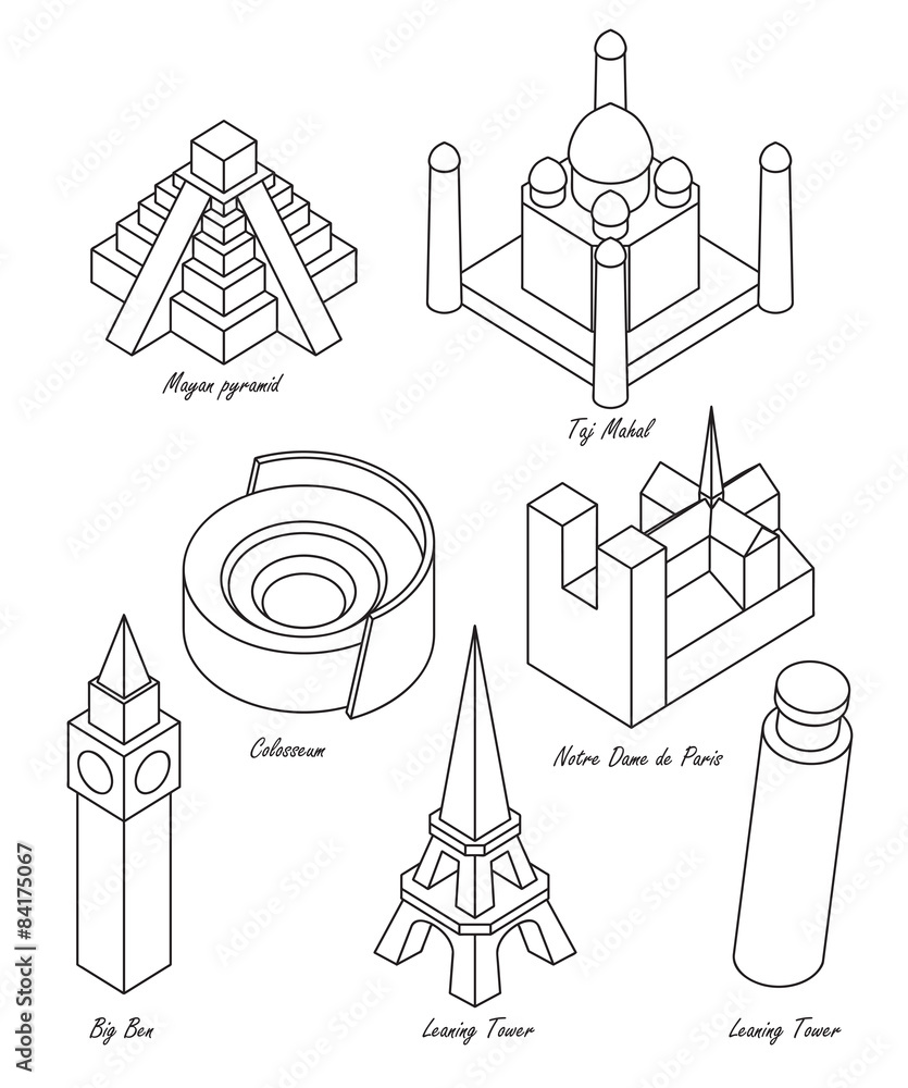 set of schematic drawings of various architectural landmarks