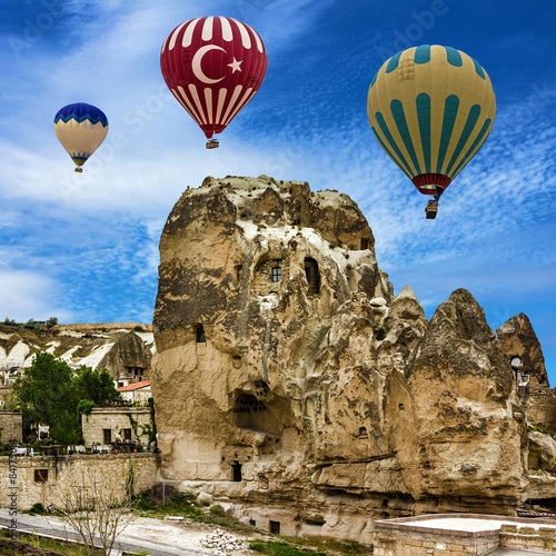 Show of hot air balloons flying over Cappadocia, Goreme, Turkey,