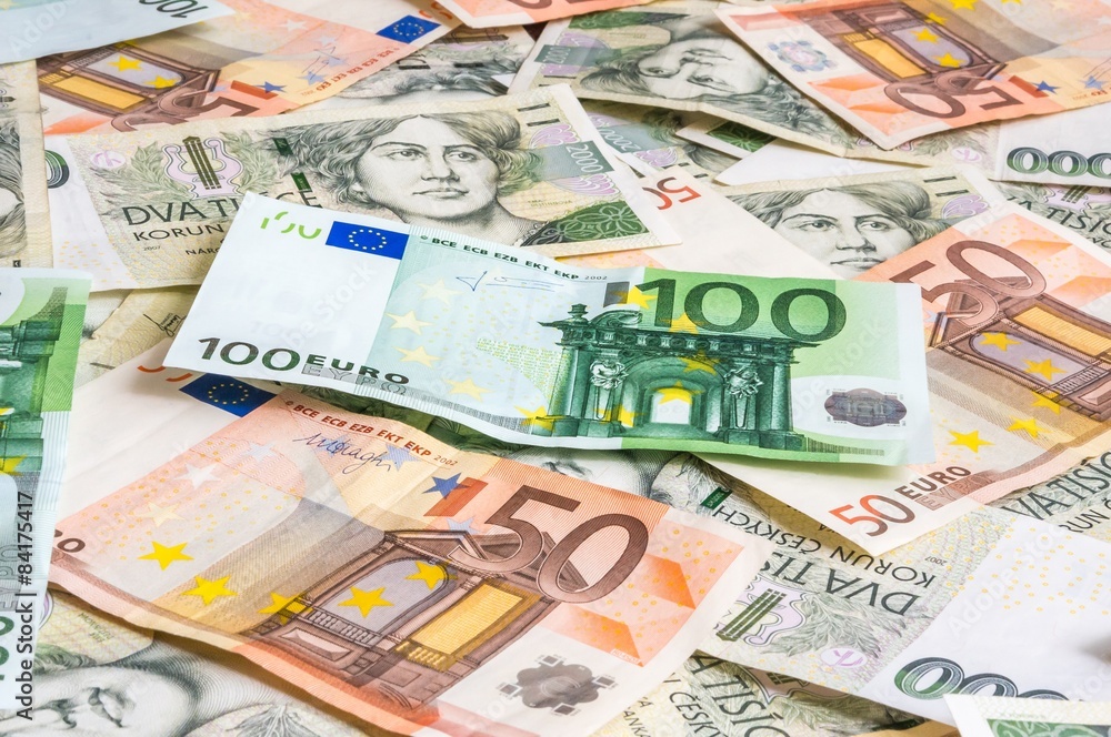 Czech and Euro banknotes background Czech and Euro banknotes background