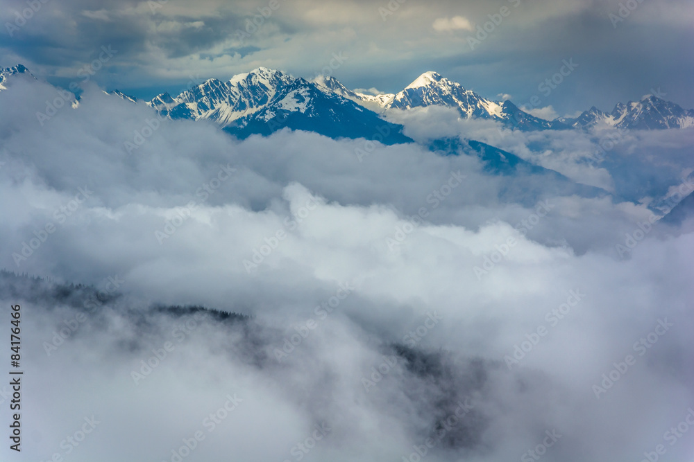 View of the snowy Olympic Mountains and low clouds from Hurrican